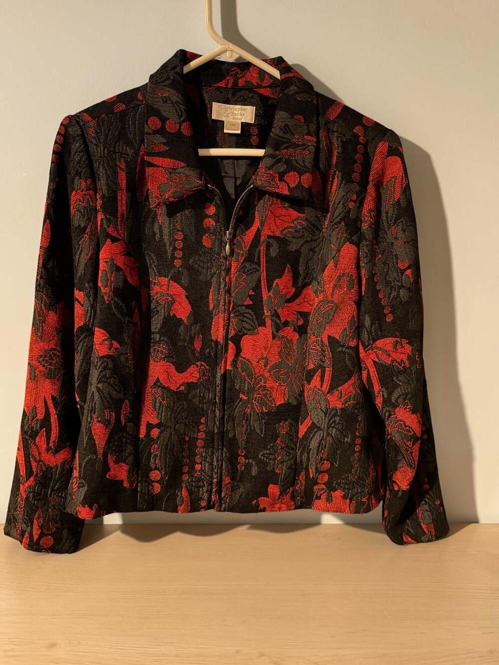 Christopher & Banks Petite Black and Red Floral Tapestry Zip-Front Lined Jacket